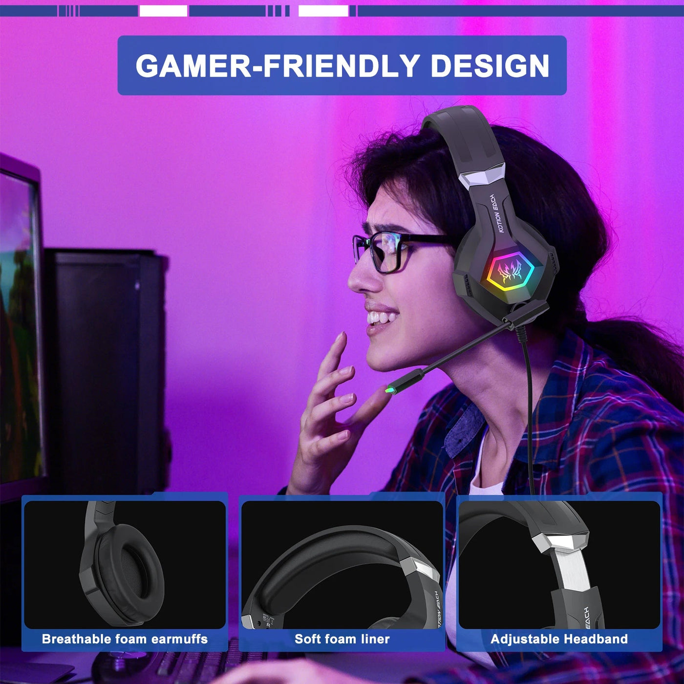 Casque de jeu filaire GS450 avec micro antibruit Lumière LED Son stéréo pour PS4 PC Xbox One Switch PS5 Controller N&M